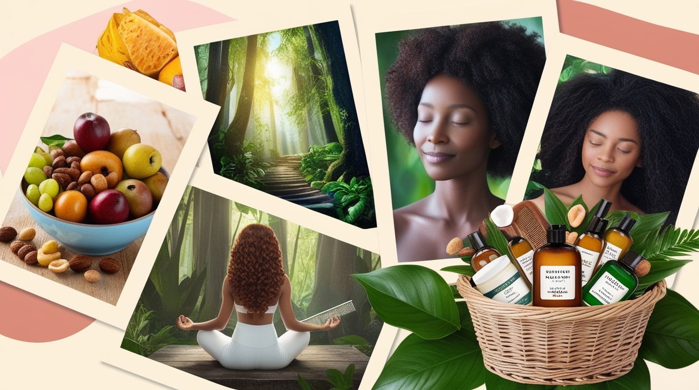 A collage of images representing various healthy hair practices, such as nutritious foods, a person meditating, gentle hair brushing, and natural hair care products.