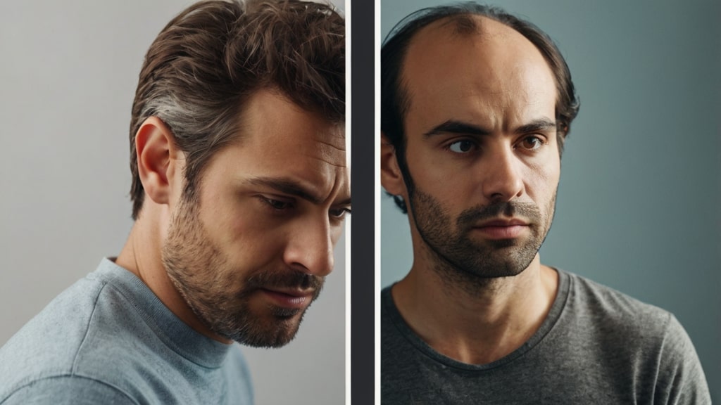 A split image showing a stressed man with thinning hair vs. a relaxed man with healthy hair